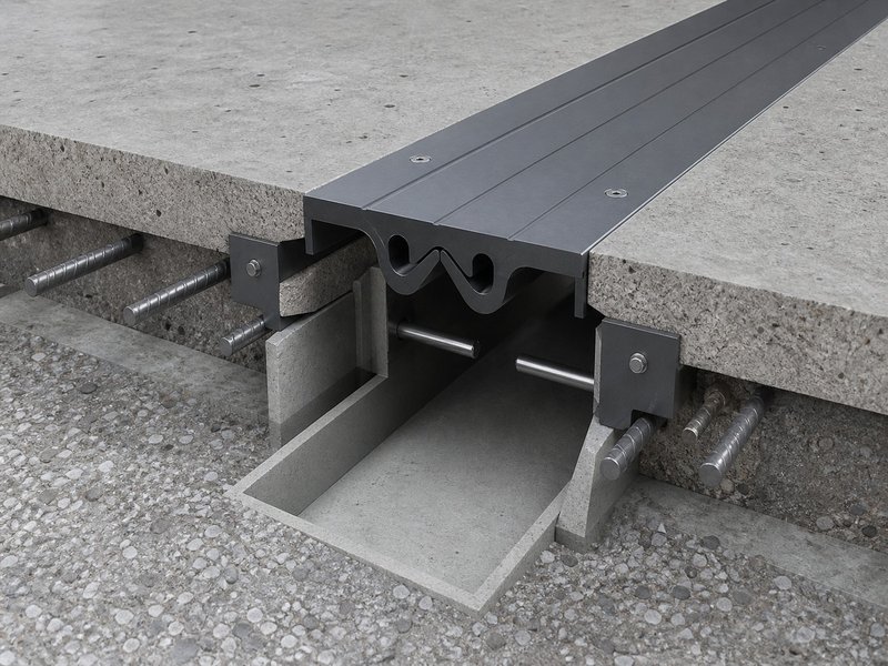 Technical 3D cross-section illustration of an armored steel joint system for heavy-duty warehouse flooring durability.