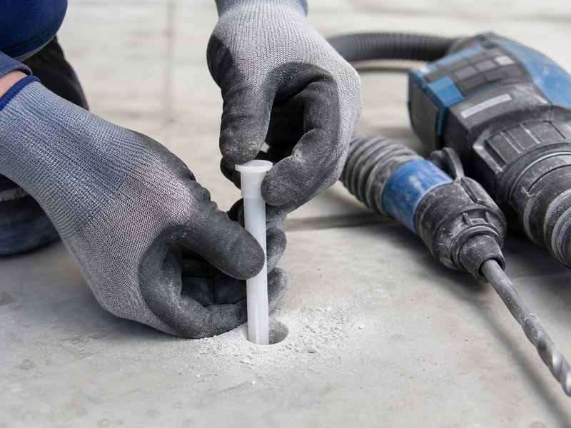 Technician drilling a concrete slab and inserting an ASTM F2170 relative humidity probe sleeve to measure internal moisture in concrete before resinous flooring installation