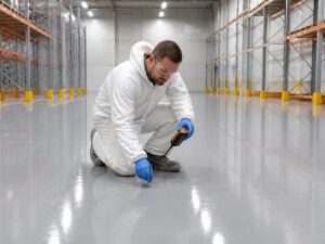 Flooring contractor inspecting a freshly installed commercial resinous warehouse floor - early inspection catches commercial flooring installation mistakes before they surface