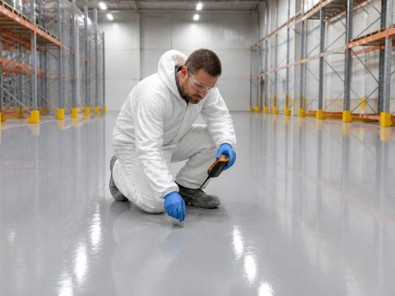 Flooring contractor inspecting a freshly installed commercial resinous warehouse floor - early inspection catches commercial flooring installation mistakes before they surface