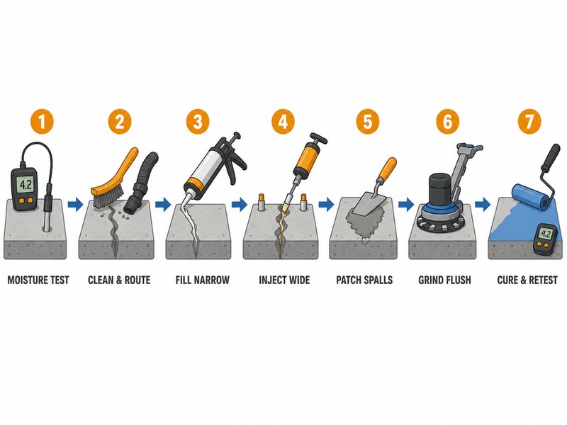 Seven-step diagram of concrete crack repair before epoxy coating: evaluate and moisture-test, clean and route, fill narrow cracks, inject wide cracks, patch spalls, grind flush, cure and re-test