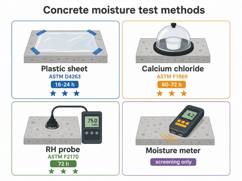 Comparison infographic of the four concrete moisture test methods: plastic sheet test, calcium chloride test, RH probe test, and moisture meter, with time and accuracy ratings