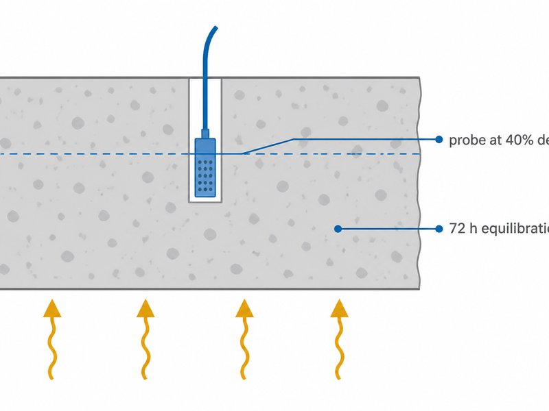 Cross-section diagram of ASTM F2170 in-situ relative humidity testing showing the probe installed at 40% slab depth in concrete