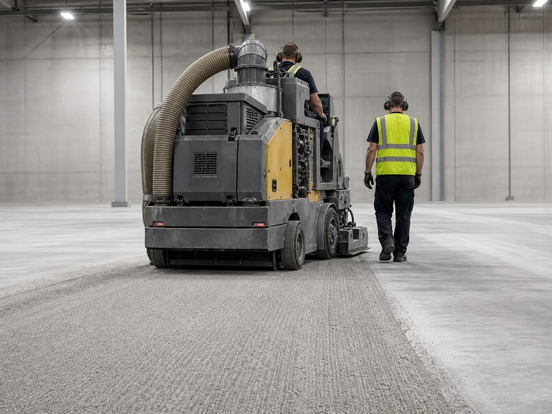 Ride-on steel shotblasting machine profiling a large concrete warehouse floor before epoxy installation