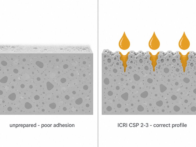 Comparison of unprepared concrete surface and ICRI CSP 2-3 mechanically prepared surface showing the profile needed for resinous flooring adhesion