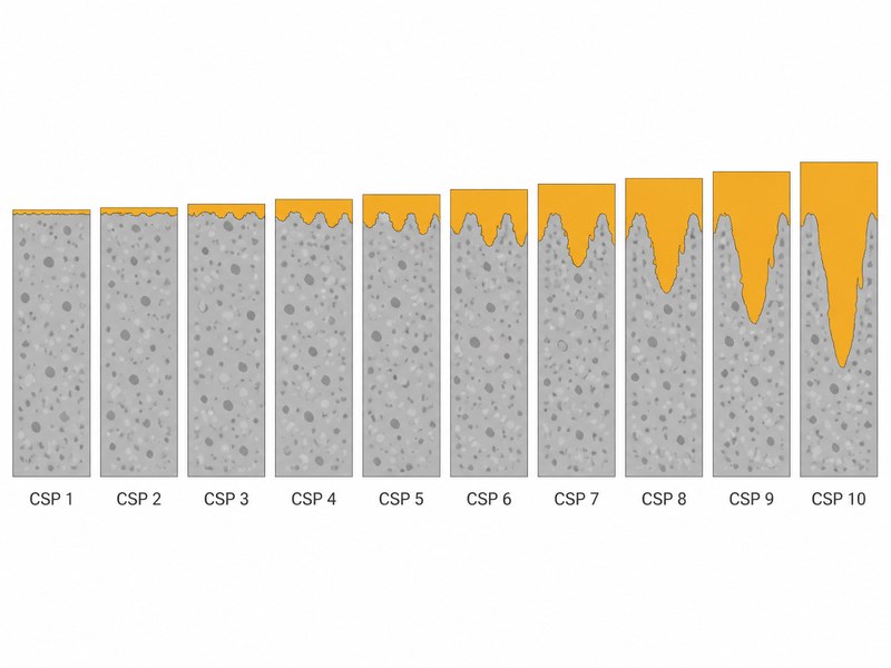 Cross-section diagram comparing the roughness depth and texture of CSP 1 through CSP 10 concrete profiles