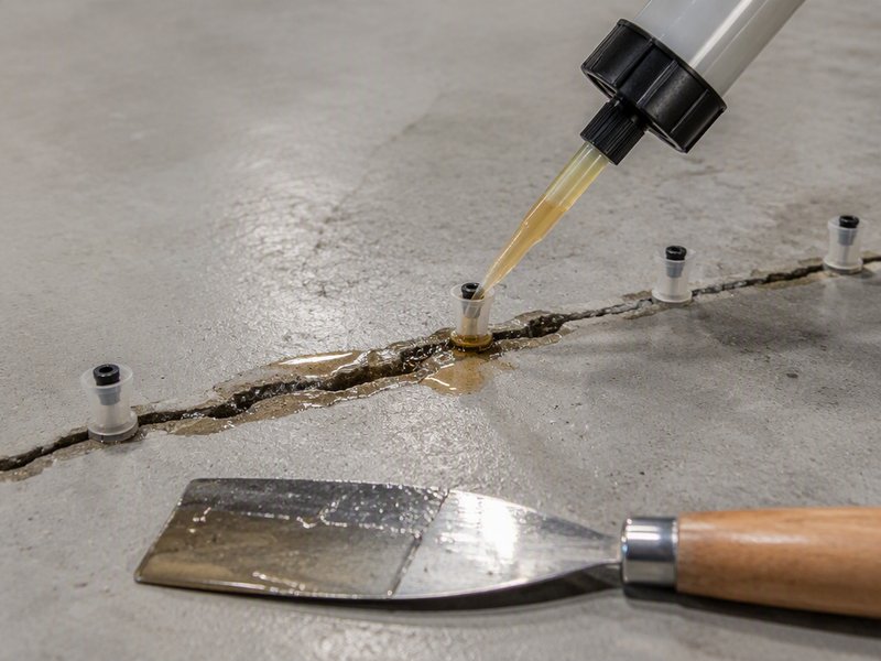 Close-up of low-viscosity injection resin being pumped into a routed concrete crack through injection ports, with a caulk gun and trowel nearby