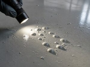 Close-up of dome-shaped blisters and bubbles on a grey epoxy floor coating surface, with a contractor inspecting the defect