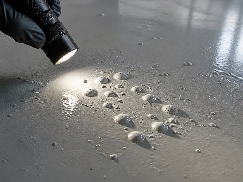 Close-up of dome-shaped blisters and bubbles on a grey epoxy floor coating surface, with a contractor inspecting the defect