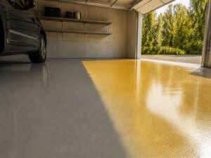 Grey epoxy garage floor with a distinct yellowed amber patch near the garage door where sunlight reaches the coating