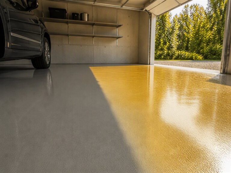 Grey epoxy garage floor with a distinct yellowed amber patch near the garage door where sunlight reaches the coating