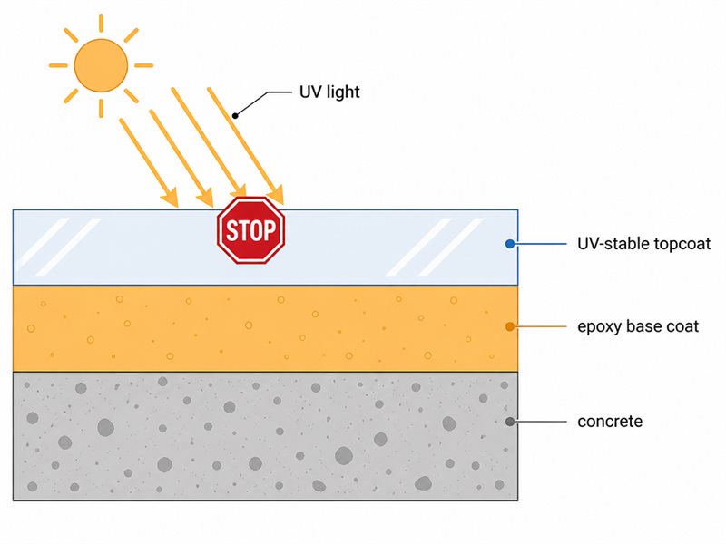 Cross-section diagram of a floor system showing concrete, epoxy base coat, and a UV-stable layer blocking sunlight arrows