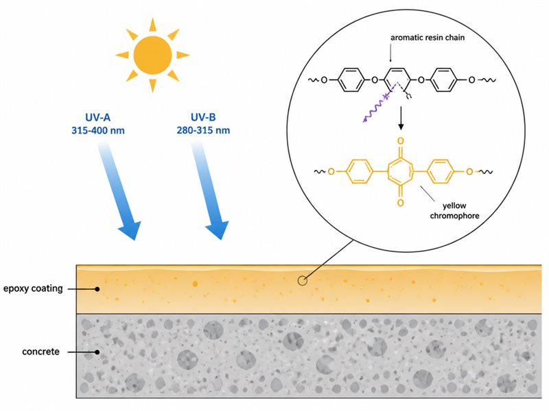 Diagram showing sunlight with UV-A and UV-B arrows hitting an epoxy floor coating, breaking aromatic resin chains and forming yellow quinone chromophores inside the film