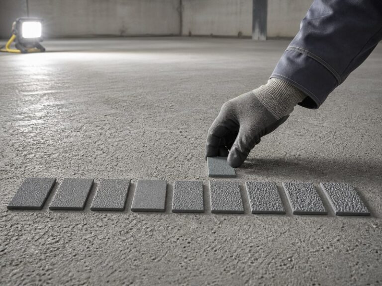 Set of ten ICRI CSP comparator chips from CSP 1 to CSP 10 laid beside a shotblasted concrete floor for surface profile comparison