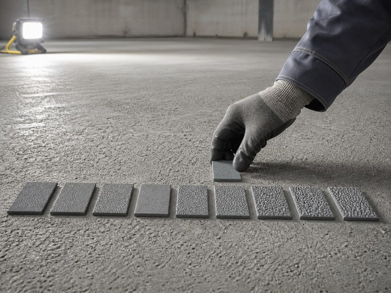 Set of ten ICRI CSP comparator chips from CSP 1 to CSP 10 laid beside a shotblasted concrete floor for surface profile comparison