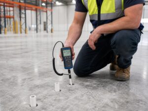 Moisture testing of a concrete slab before resinous flooring installation, showing an ASTM F2170 RH probe meter reading on a warehouse floor