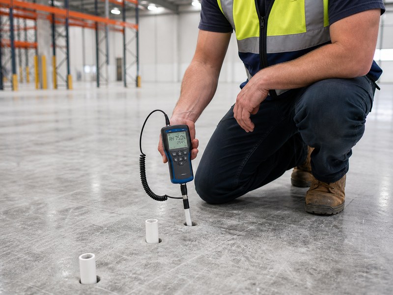 Moisture testing of a concrete slab before resinous flooring installation, showing an ASTM F2170 RH probe meter reading on a warehouse floor