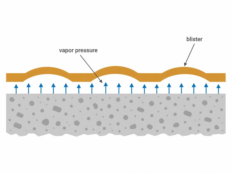 Cross-section diagram of a concrete slab showing moisture vapor rising through the slab and pushing an epoxy coating upward into blisters, illustrating osmotic blistering and delamination