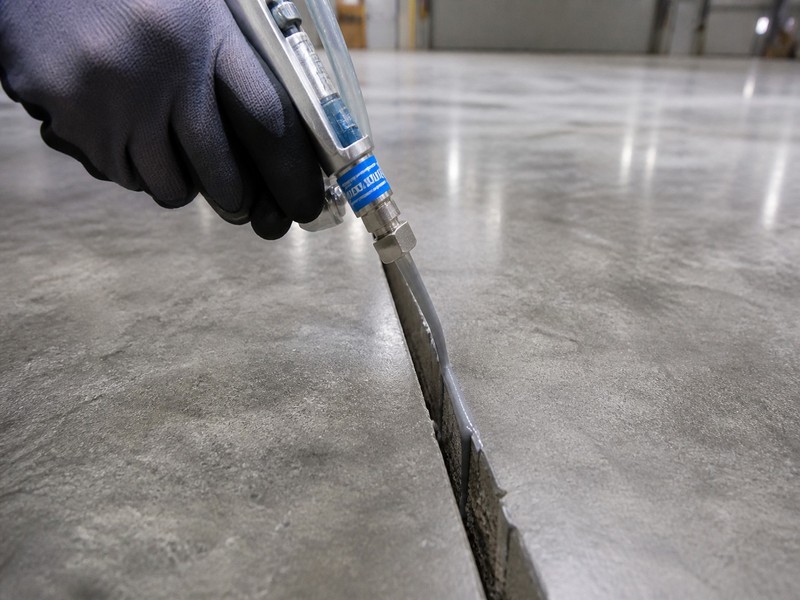 Professional application of semi-rigid polyurea joint filler to protect concrete joint edges in an industrial warehouse.