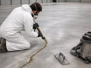 Flooring contractor applying epoxy crack filler into a routed concrete crack on a prepared warehouse floor before epoxy coating installation