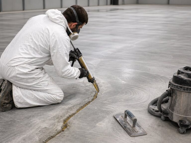 Flooring contractor applying epoxy crack filler into a routed concrete crack on a prepared warehouse floor before epoxy coating installation