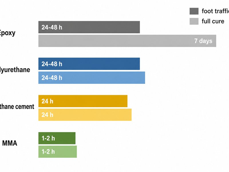 Bar chart comparing foot traffic and full cure times for epoxy, polyurethane, urethane cement, and MMA flooring systems