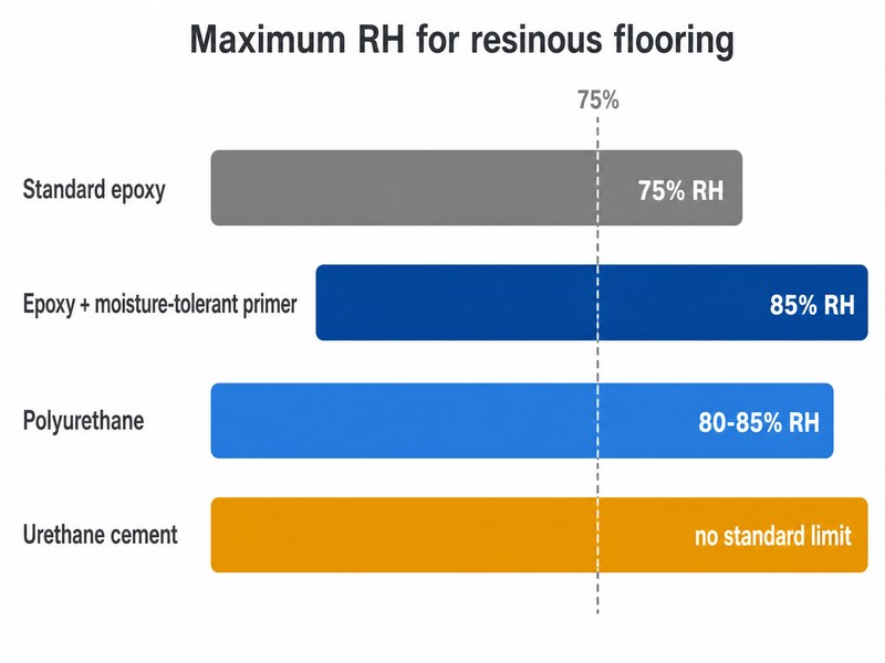 Bar chart of maximum acceptable relative humidity for resinous flooring systems: 75% for standard epoxy, up to 85% with moisture-tolerant primer, 80-85% for polyurethane, and no standard limit for urethane cement