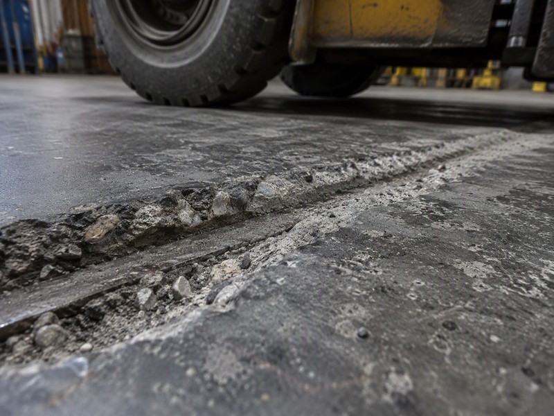 Close-up of a spalled concrete joint in a warehouse floor showing structural damage caused by heavy forklift wheels.