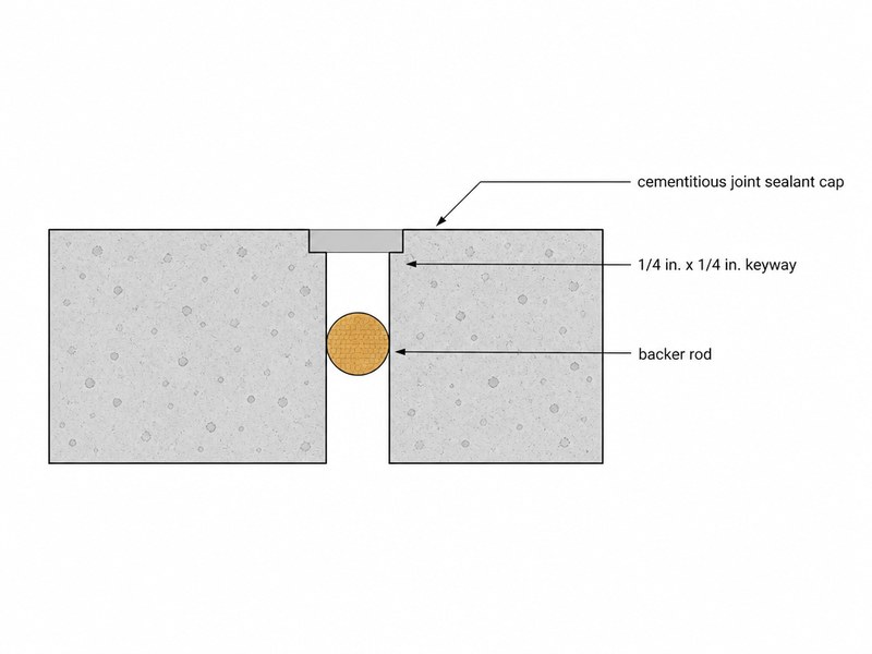 Cross-section of expansion joint preparation for urethane cement flooring showing closed-cell backer rod at depth and a cementitious joint sealant cap of urethane cement at the surface