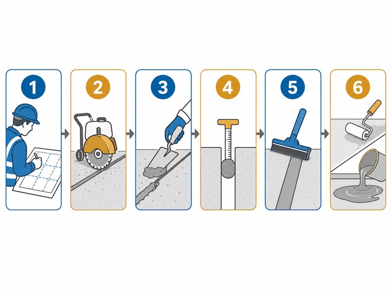 Six-step ProKrete SL Method for urethane cement flooring joint preparation: inspect, chase, repair spalls, backer rod in expansion joints, fill with urethane cement joint filler, then prime and pour self-leveling urethane cement