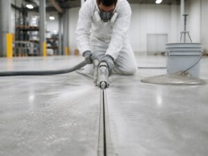 Flooring contractor chasing and cleaning a concrete control joint with a diamond blade saw before pouring self-leveling urethane cement flooring