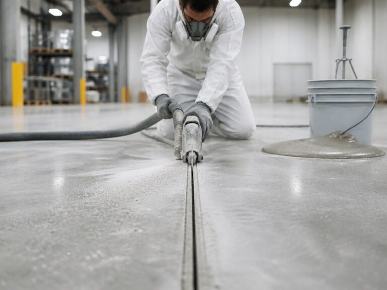 Flooring contractor chasing and cleaning a concrete control joint with a diamond blade saw before pouring self-leveling urethane cement flooring