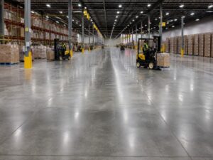 Modern logistics center concrete flooring featuring armored joint protection systems and active forklift traffic.