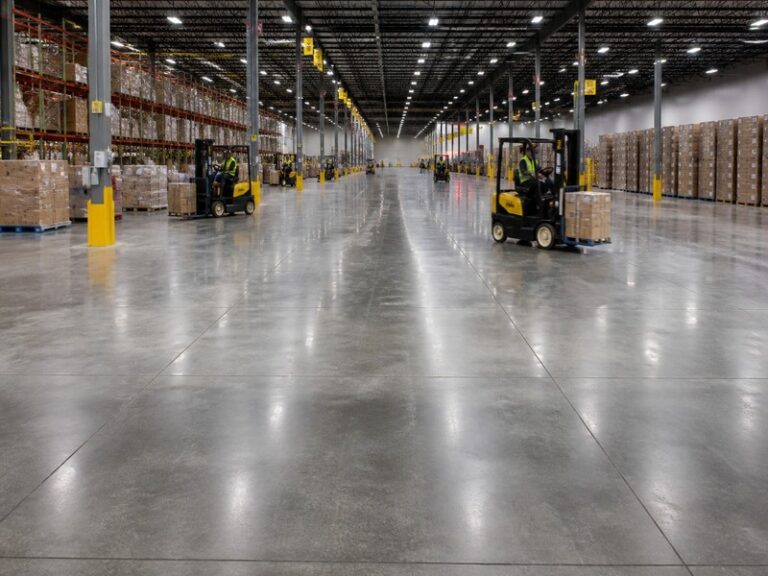 Modern logistics center concrete flooring featuring armored joint protection systems and active forklift traffic.