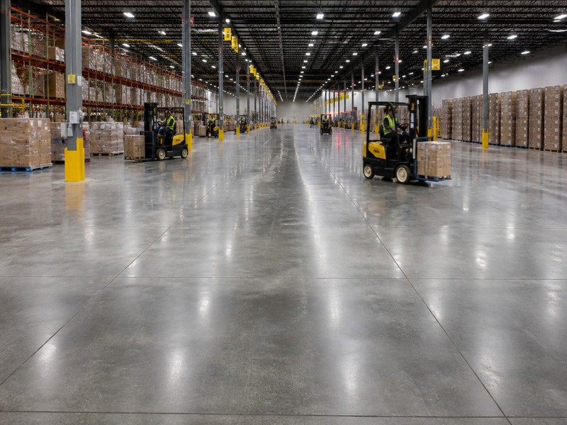 Modern logistics center concrete flooring featuring armored joint protection systems and active forklift traffic.
