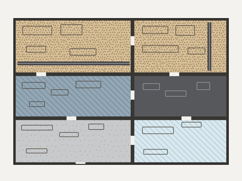 Brewery floor plan with brewhouse, fermentation, packaging and keg washing zones color coded by floor system and thickness