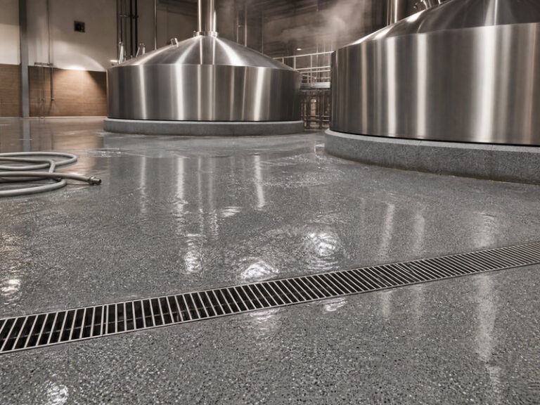 Wet grey resin floor in a craft brewery brewhouse with stainless kettles, a trench drain and washdown water on the surface