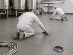 Cementitious urethane floor being troweled in a wet food processing room with stainless steel equipment