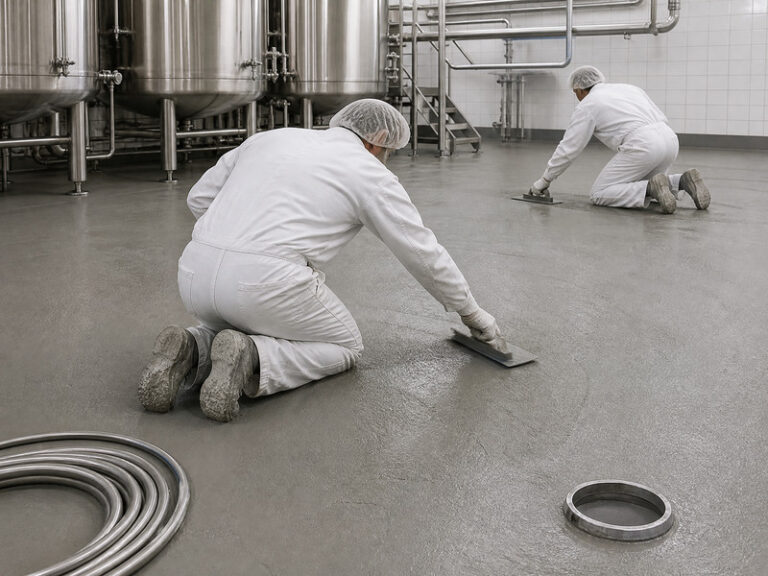 Cementitious urethane floor being troweled in a wet food processing room with stainless steel equipment
