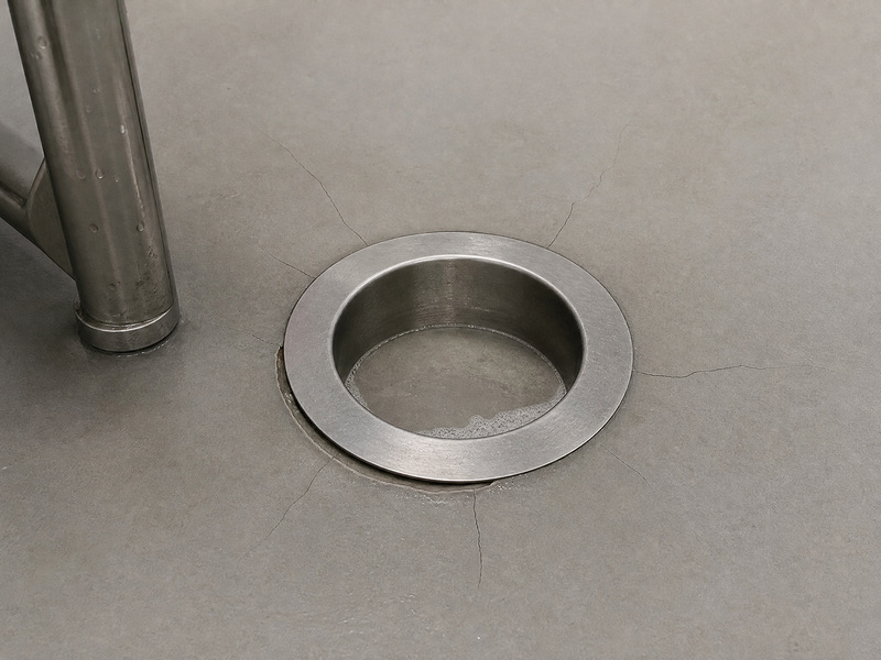 Hairline thermal shock cracks and a lifted edge around a floor drain collar in a cementitious urethane floor after repeated hot washdown