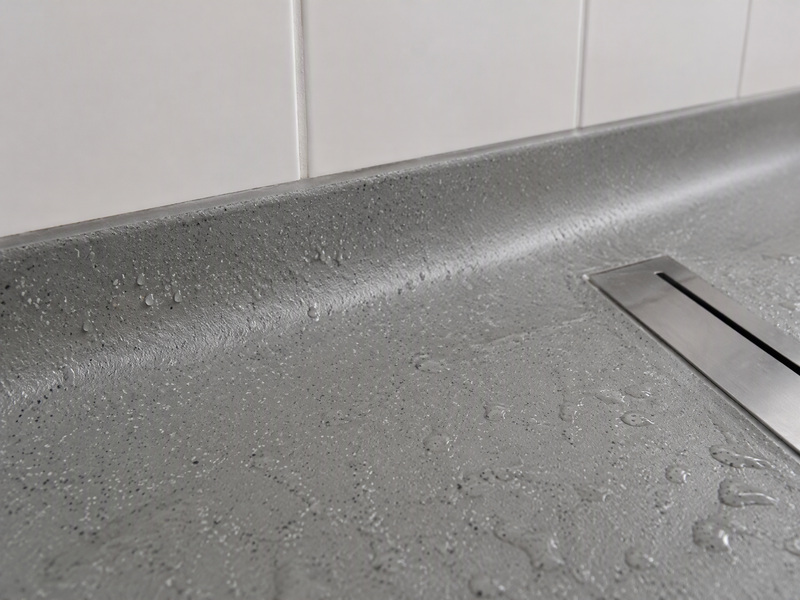 Coved skirting edge where a seamless resin floor turns up into a tiled wall beside a commercial dishwash area