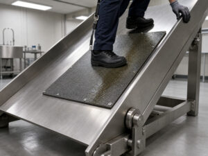 Steel test ramp tilted to a steep angle in a laboratory, carrying a gray resin floor sample with an oil film across the walking line