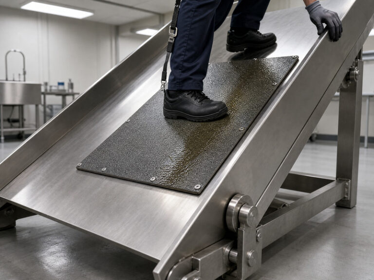 Steel test ramp tilted to a steep angle in a laboratory, carrying a gray resin floor sample with an oil film across the walking line