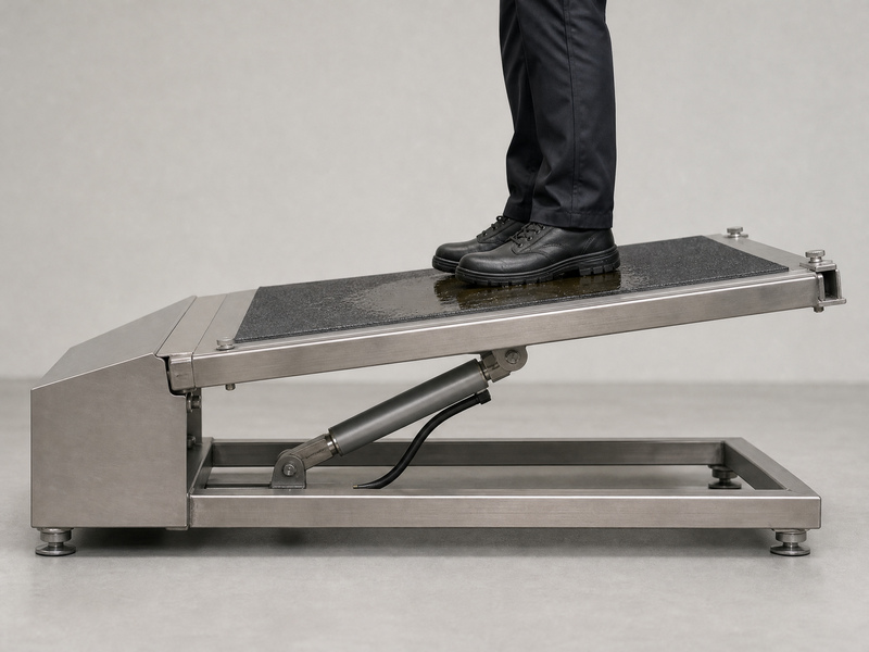 DIN 51130 ramp test rig with a test person in standard shoes walking on an oil-wet floor sample as the ramp tilts