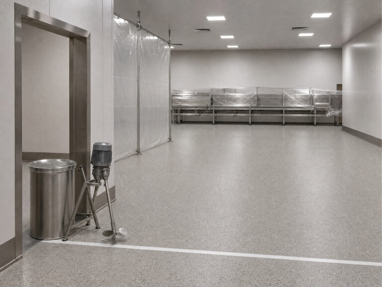 Freshly topcoated resin floor in an empty food production room, still taped off with containment sheeting and a mixer standing at the door