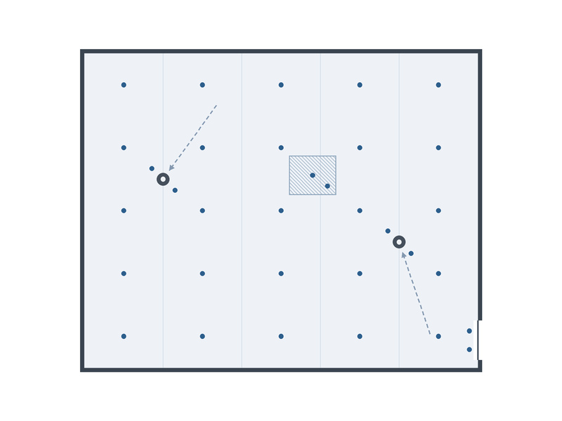 Floor plan marked with a five point dry film thickness measurement grid, plus drain, threshold and patch locations