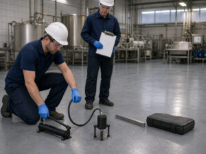 Engineer measuring adhesion with a pull-off test dolly on a grey resin food plant floor while a colleague records results
